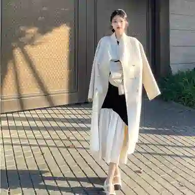 桴生 韩系时尚舒适纯色羊毛长款双排扣领设计感通勤慵懒风毛呢大衣 女款