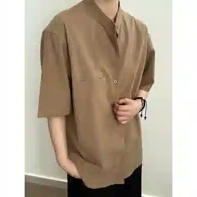 袋鼠 个性气质国风宽松透气竹节棉褶皱肌理棉麻高级感立领廓形衬衫 男女同款