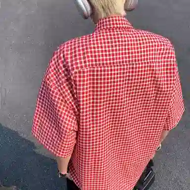 袋鼠 简约设计格子宽松小狗刺绣百搭格子短袖衬衫 男女同款
