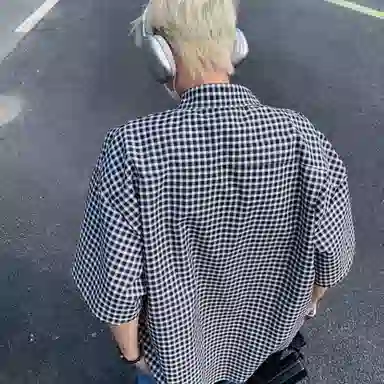 袋鼠 简约设计格子宽松小狗刺绣百搭格子短袖衬衫 男女同款