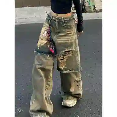 袋鼠 美式街头重工水洗破洞假两件拼接做旧设计感宽松垂感嘻哈废土风显高显瘦休闲直筒百搭牛仔裤 男女同款 复古蓝