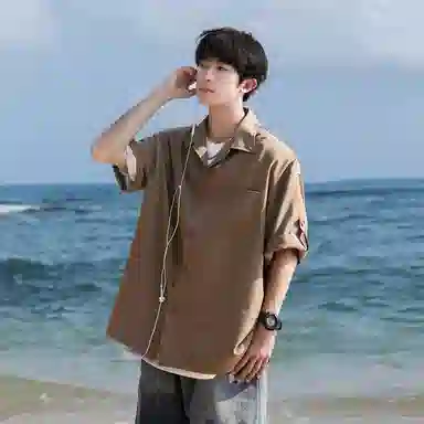 兰缪 美式复古高街风纯色基础款休闲透气宽松日常百搭通勤亲肤舒适柔软圆领短袖衬衫 男女同款