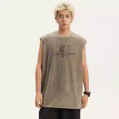 兰缪 日系复古纯色基础款简约宽松美式字母透气水洗做旧圆领百搭无袖背心 男女同款