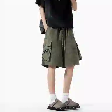 兰缪 美式复古日系简约高街风潮流基础款垂感日常通勤宽松五分裤系带休闲短裤 男女同款