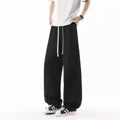 兰缪 美式复古日系简约高街风潮流基础款山系户外日常通勤运动舒适宽松清爽透气百搭柔软亲肤纯色垂感直筒长裤系带休闲裤 男女同款