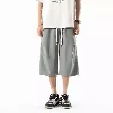 兰缪 美式复古日系简约纯色高街风基础款潮流运动舒适宽松清爽透气百搭柔软亲肤系带七分裤休闲短裤 男女同款
