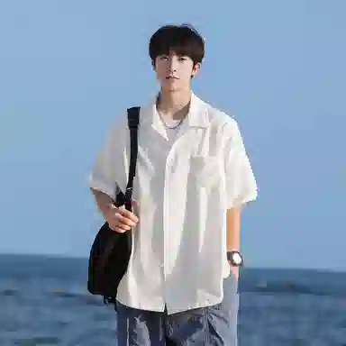 兰缪 美式复古高街风纯色基础款休闲透气宽松日常百搭通勤亲肤舒适柔软圆领短袖衬衫 男女同款