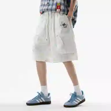 兰缪 美式日系复古透气舒适日常运动高街简约印花基础款设计户外百搭通勤山系宽松清爽潮流柔软垂感直筒纯色系带休闲短裤 男女同款