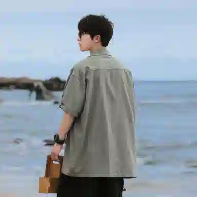 兰缪 美式复古高街风纯色基础款休闲透气宽松日常百搭通勤亲肤舒适柔软圆领短袖衬衫 男女同款