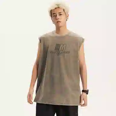 兰缪 日系复古纯色基础款简约宽松美式字母透气水洗做旧圆领百搭无袖背心 男女同款