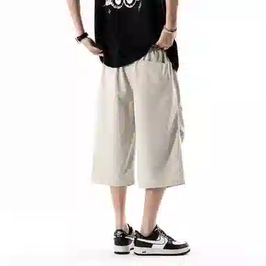 兰缪 美式复古日系简约纯色高街风基础款潮流运动舒适宽松清爽透气百搭柔软亲肤系带七分裤休闲短裤 男女同款