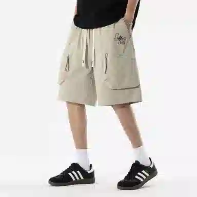 兰缪 美式日系复古透气舒适日常运动高街简约印花基础款设计户外百搭通勤山系宽松清爽潮流柔软垂感直筒纯色系带休闲短裤 男女同款