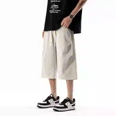 兰缪 美式复古日系简约纯色高街风基础款潮流运动舒适宽松清爽透气百搭柔软亲肤系带七分裤休闲短裤 男女同款