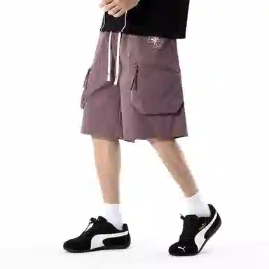 兰缪 美式日系复古透气舒适日常运动高街简约印花基础款设计户外百搭通勤山系宽松清爽潮流柔软垂感直筒纯色系带休闲短裤 男女同款