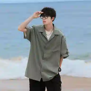 兰缪 美式复古高街风纯色基础款休闲透气宽松日常百搭通勤亲肤舒适柔软圆领短袖衬衫 男女同款