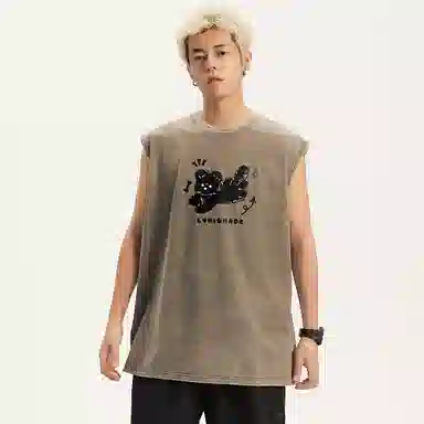 兰缪 日系复古纯色基础款简约美式宽松小狗印花圆领百搭日常通勤无袖背心 男女同款