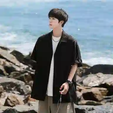 兰缪 美式复古高街风纯色基础款休闲透气宽松日常百搭通勤亲肤舒适柔软圆领短袖衬衫 男女同款