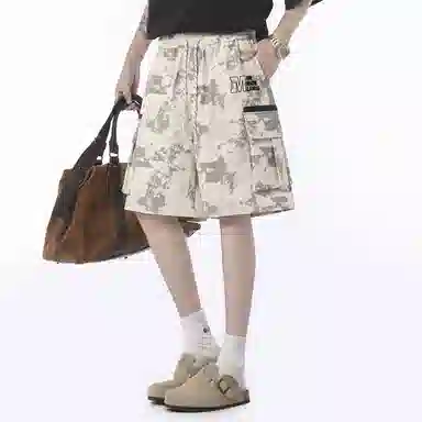 兰缪 美式日系复古百搭运动高街风简约基础款设计印花日常户外通勤山系宽松清爽透气潮流柔软垂感直筒系带休闲短裤 男女同款