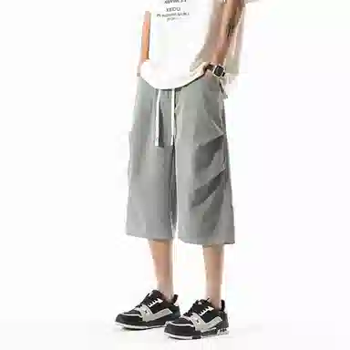 兰缪 美式复古日系简约纯色高街风基础款潮流运动舒适宽松清爽透气百搭柔软亲肤系带七分裤休闲短裤 男女同款