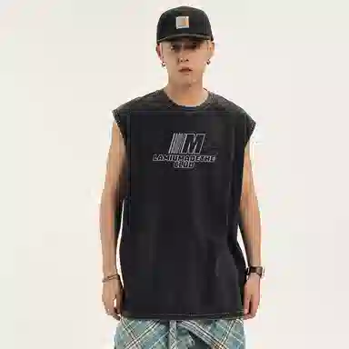 兰缪 日系复古纯色基础款简约宽松美式字母透气水洗做旧圆领百搭无袖背心 男女同款