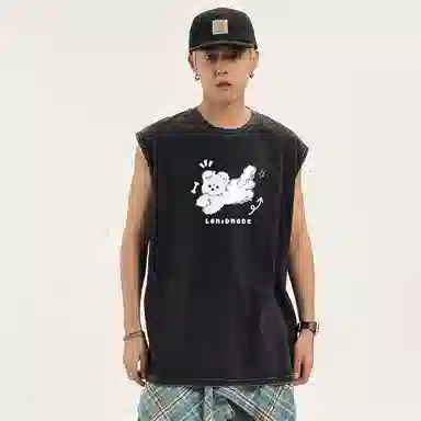 兰缪 日系复古纯色基础款简约美式宽松小狗印花圆领百搭日常通勤无袖背心 男女同款