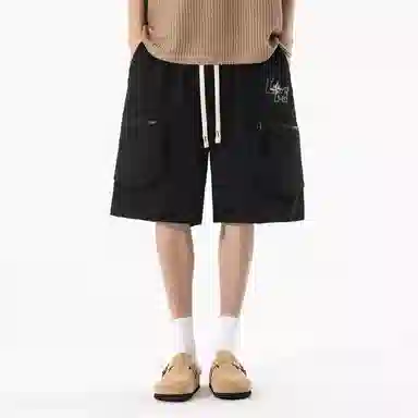 兰缪 美式日系复古透气舒适日常运动高街简约印花基础款设计户外百搭通勤山系宽松清爽潮流柔软垂感直筒纯色系带休闲短裤 男女同款