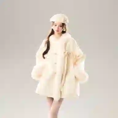 桴生 毛毛蝴蝶结气质休闲长袖毛呢大衣棉服 女款