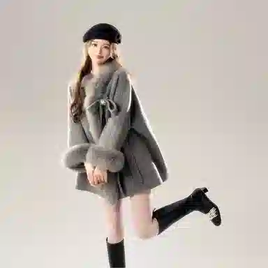 桴生 毛毛蝴蝶结气质休闲长袖毛呢大衣棉服 女款