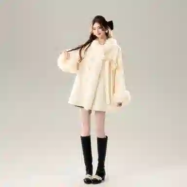 桴生 毛毛蝴蝶结气质休闲长袖毛呢大衣棉服 女款