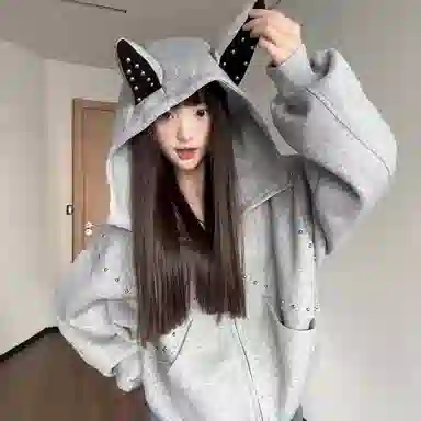 悍戈 美式甜酷复古潮流拼接铆钉杜宾犬耳朵连帽休闲开衫卫衣 男女同款
