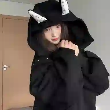 悍戈 美式甜酷复古潮流拼接铆钉杜宾犬耳朵连帽休闲开衫卫衣 男女同款