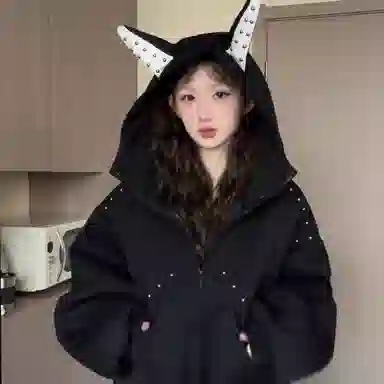 悍戈 美式甜酷复古潮流拼接铆钉杜宾犬耳朵连帽休闲开衫卫衣 男女同款