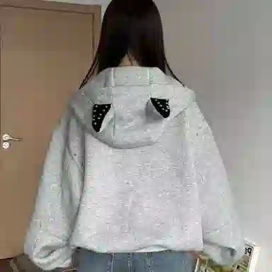 悍戈 美式甜酷复古潮流拼接铆钉杜宾犬耳朵连帽休闲开衫卫衣 男女同款