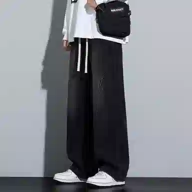 寻星记 美式高街复古潮牌宽松直筒阔腿百搭机能休闲做旧水洗拼接抽绳松紧腰长裤亲肤透气时尚潮流日常通勤户外运动牛仔裤 男女同款