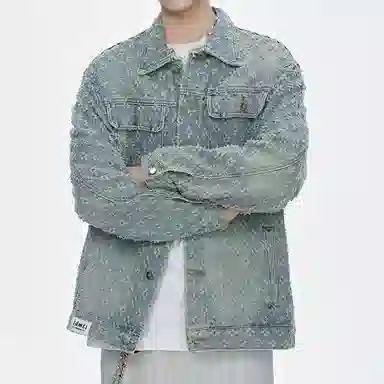 【dme】 时尚潮流立体印花设计感宽松百搭水洗做旧百搭长袖牛仔外套 男女同款