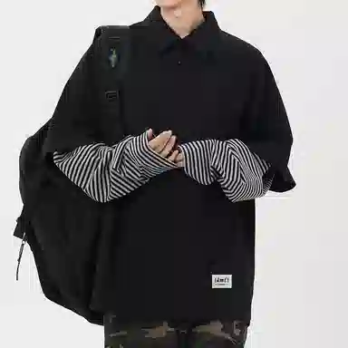 【dme】 日系简约翻领外穿拼接宽松休闲长袖上衣日常通勤舒适百搭假两件卫衣 男女同款