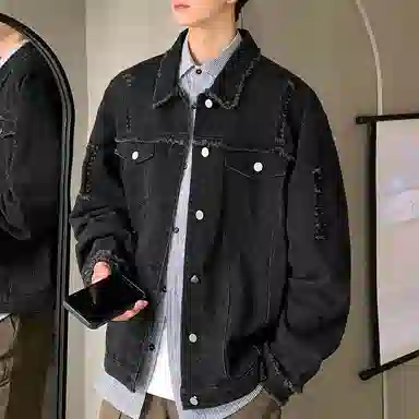 【dme】 美式潮牌高级感毛边设计水洗工装夹克时尚百搭破洞翻领长袖牛仔外套 男女同款