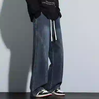 寻星记 美式高街复古潮牌宽松直筒阔腿百搭机能休闲做旧水洗拼接抽绳松紧腰长裤亲肤透气时尚潮流日常通勤户外运动牛仔裤 男女同款