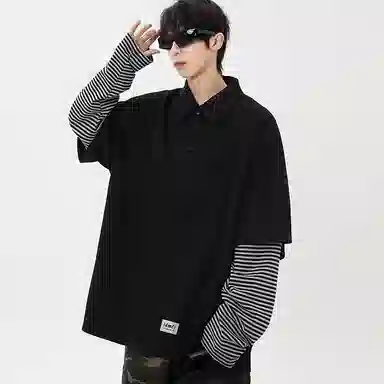 【dme】 日系简约翻领外穿拼接宽松休闲长袖上衣日常通勤舒适百搭假两件卫衣 男女同款