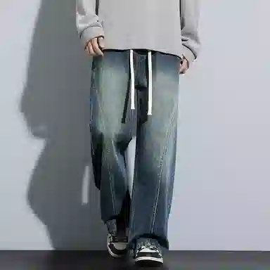 寻星记 美式高街复古潮牌宽松直筒阔腿百搭机能休闲做旧水洗拼接抽绳松紧腰长裤亲肤透气时尚潮流日常通勤户外运动牛仔裤 男女同款