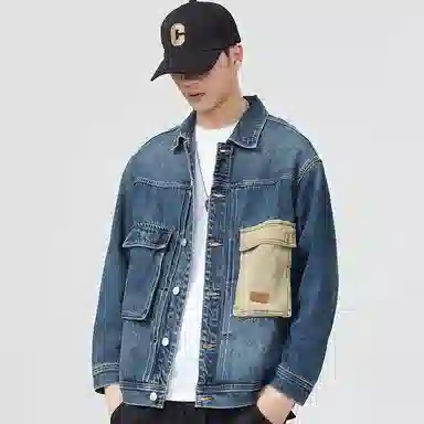 【dme】 潮牌美式时尚翻领大口袋宽松水洗单排扣牛仔外套 男女同款 蓝色