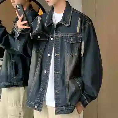 【dme】 美式潮牌高级感毛边设计水洗工装夹克时尚百搭破洞翻领长袖牛仔外套 男女同款