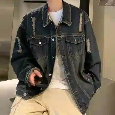 【dme】 美式潮牌高级感毛边设计水洗工装夹克时尚百搭破洞翻领长袖牛仔外套 男女同款