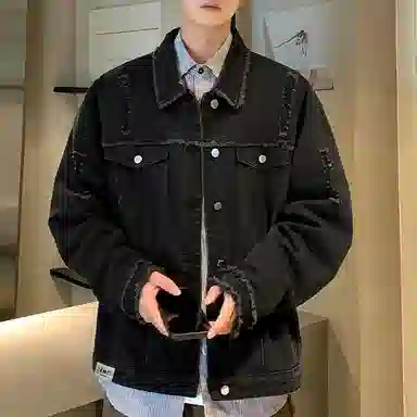 【dme】 美式潮牌高级感毛边设计水洗工装夹克时尚百搭破洞翻领长袖牛仔外套 男女同款