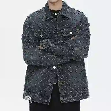 【dme】 时尚潮流立体印花设计感宽松百搭水洗做旧百搭长袖牛仔外套 男女同款