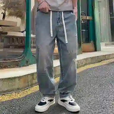 【dme】 薄款破洞刮烂复古做旧抽绳水洗牛仔裤 男款 怀旧色