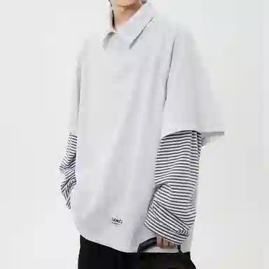 【dme】 日系简约翻领外穿拼接宽松休闲长袖上衣日常通勤舒适百搭假两件卫衣 男女同款