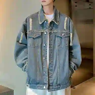 【dme】 美式潮牌高级感毛边设计水洗工装夹克时尚百搭破洞翻领长袖牛仔外套 男女同款