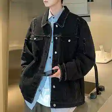 【dme】 美式潮牌高级感毛边设计水洗工装夹克时尚百搭破洞翻领长袖牛仔外套 男女同款