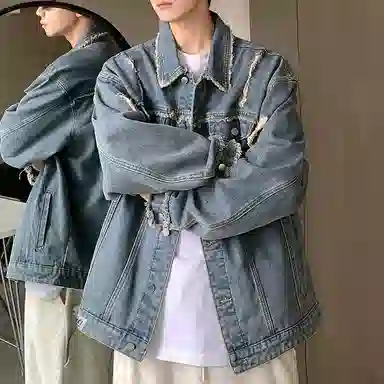 【dme】 美式潮牌高级感毛边设计水洗工装夹克时尚百搭破洞翻领长袖牛仔外套 男女同款